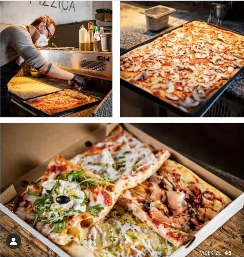 Pizzakészítő és frissen sült római pizza
